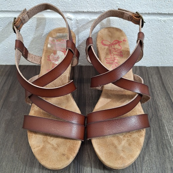 Jellypop Brown Strappy Wedge Sandals Women's 7.5 M Memory Foam Platform Buckle - Picture 3 of 7